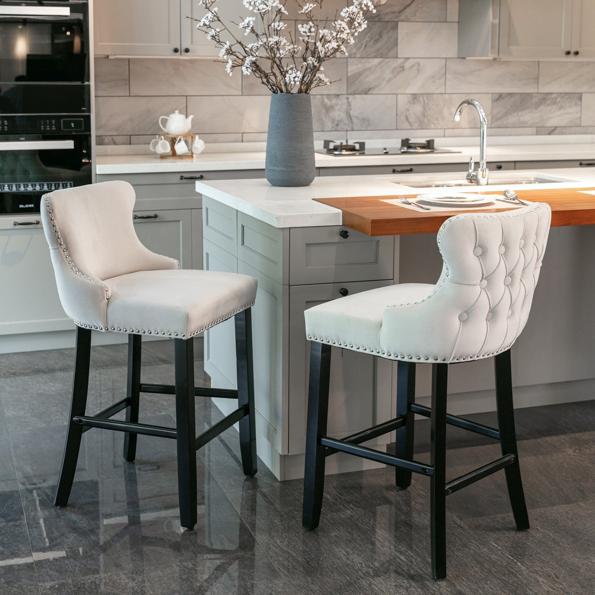 Velvet-padded Wingback Bar Stool with Button-tufted Decoration and Wooden Legs, Chrome Nail Head Decoration, 2-pcs Set