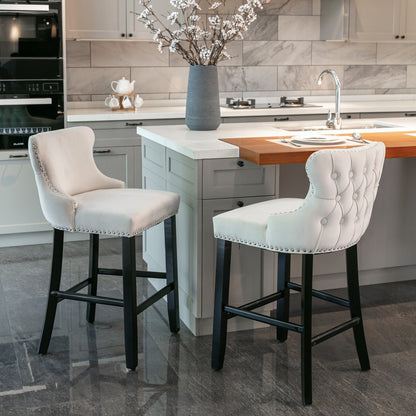 Velvet-padded Wingback Bar Stool with Button-tufted Decoration and Wooden Legs, Chrome Nail Head Decoration, 2-pcs Set