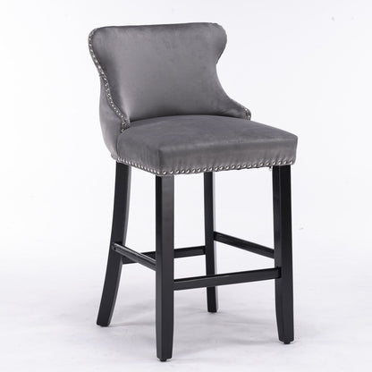 Velvet-padded Wingback Bar Stool with Button-tufted Decoration and Wooden Legs, Chrome Nail Head Decoration, 2-pcs Set