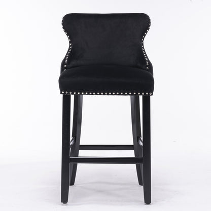 Velvet-padded Wingback Bar Stool with Button-tufted Decoration and Wooden Legs, Chrome Nail Head Decoration, 2-pcs Set