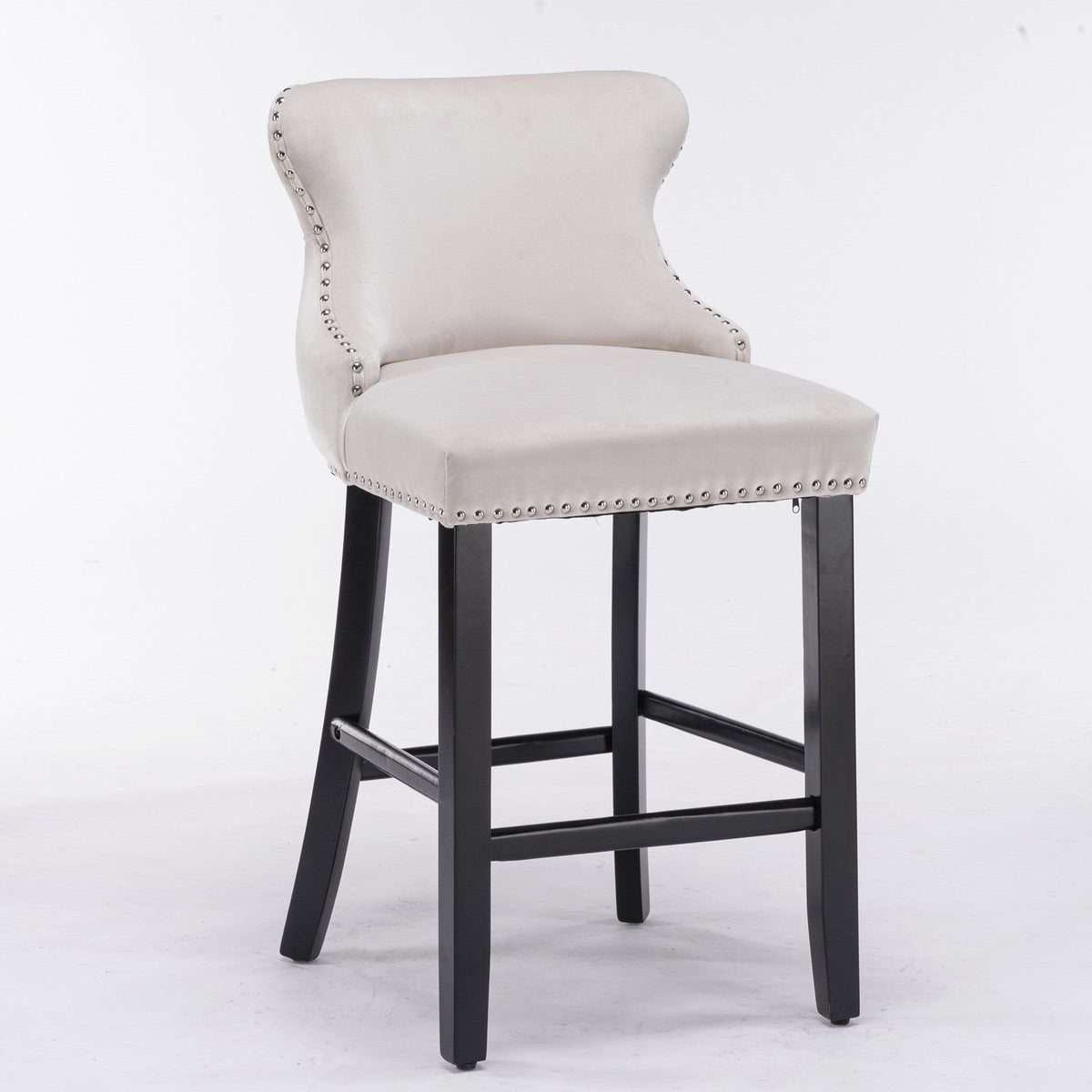Velvet-padded Wingback Bar Stool with Button-tufted Decoration and Wooden Legs, Chrome Nail Head Decoration, 2-pcs Set