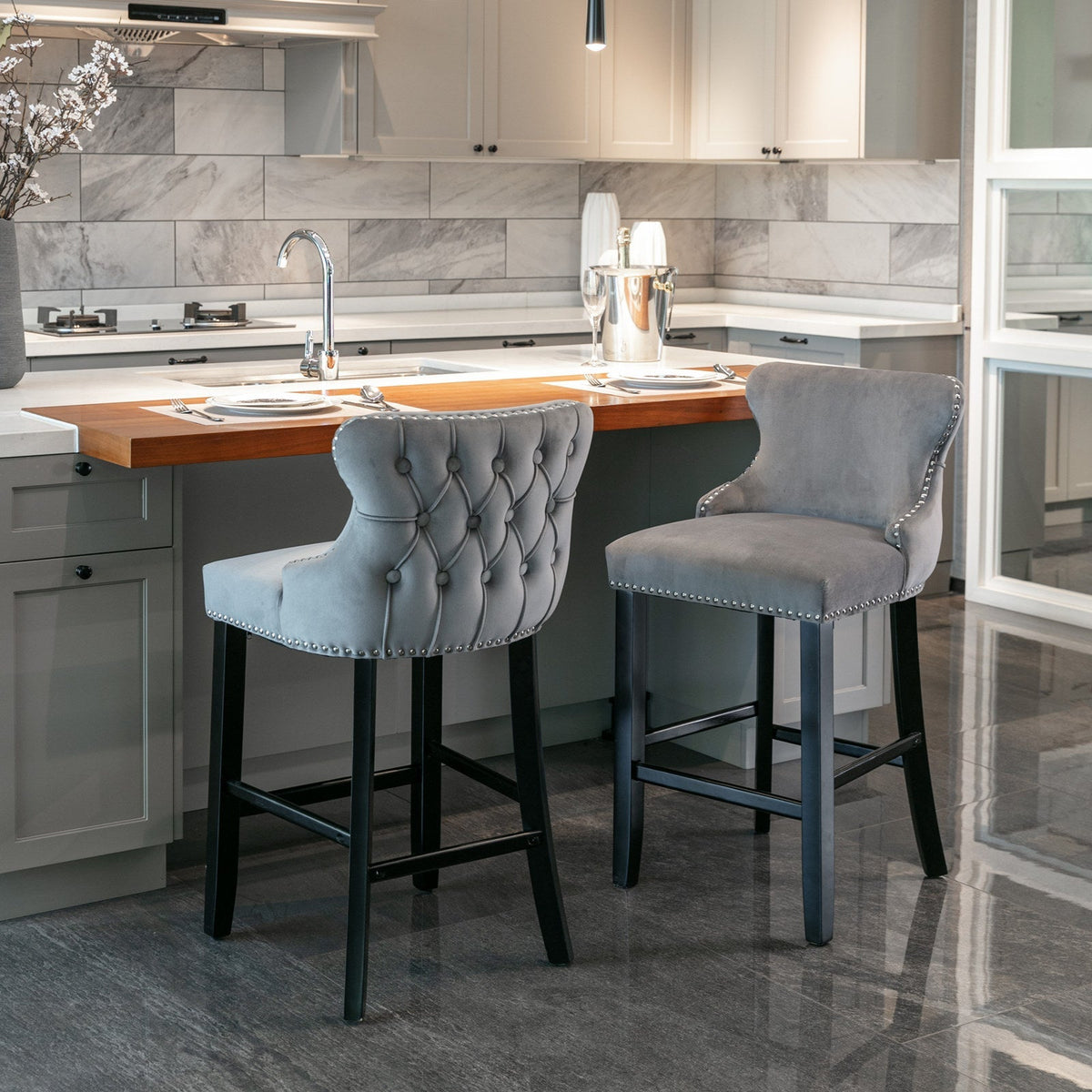 Velvet-padded Wingback Bar Stool with Button-tufted Decoration and Wooden Legs, Chrome Nail Head Decoration, 2-pcs Set