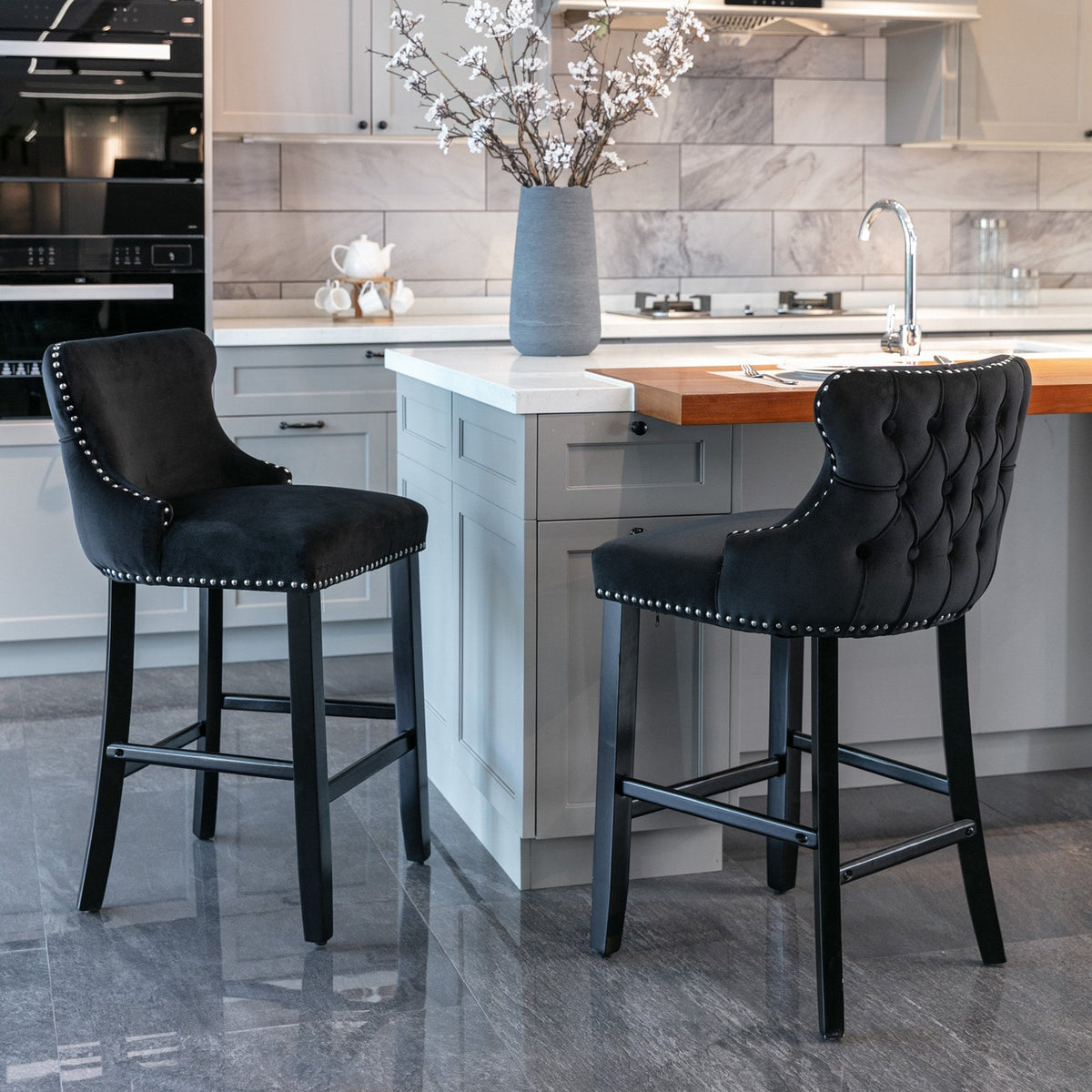 Velvet-padded Wingback Bar Stool with Button-tufted Decoration and Wooden Legs, Chrome Nail Head Decoration, 2-pcs Set