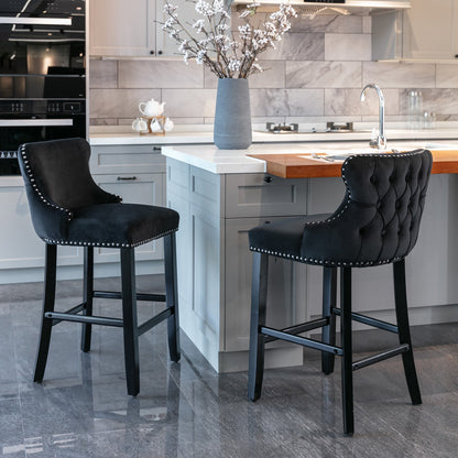 Velvet-padded Wingback Bar Stool with Button-tufted Decoration and Wooden Legs, Chrome Nail Head Decoration, 2-pcs Set