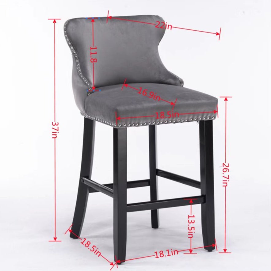 Velvet-padded Wingback Bar Stool with Button-tufted Decoration and Wooden Legs, Chrome Nail Head Decoration, 2-pcs Set