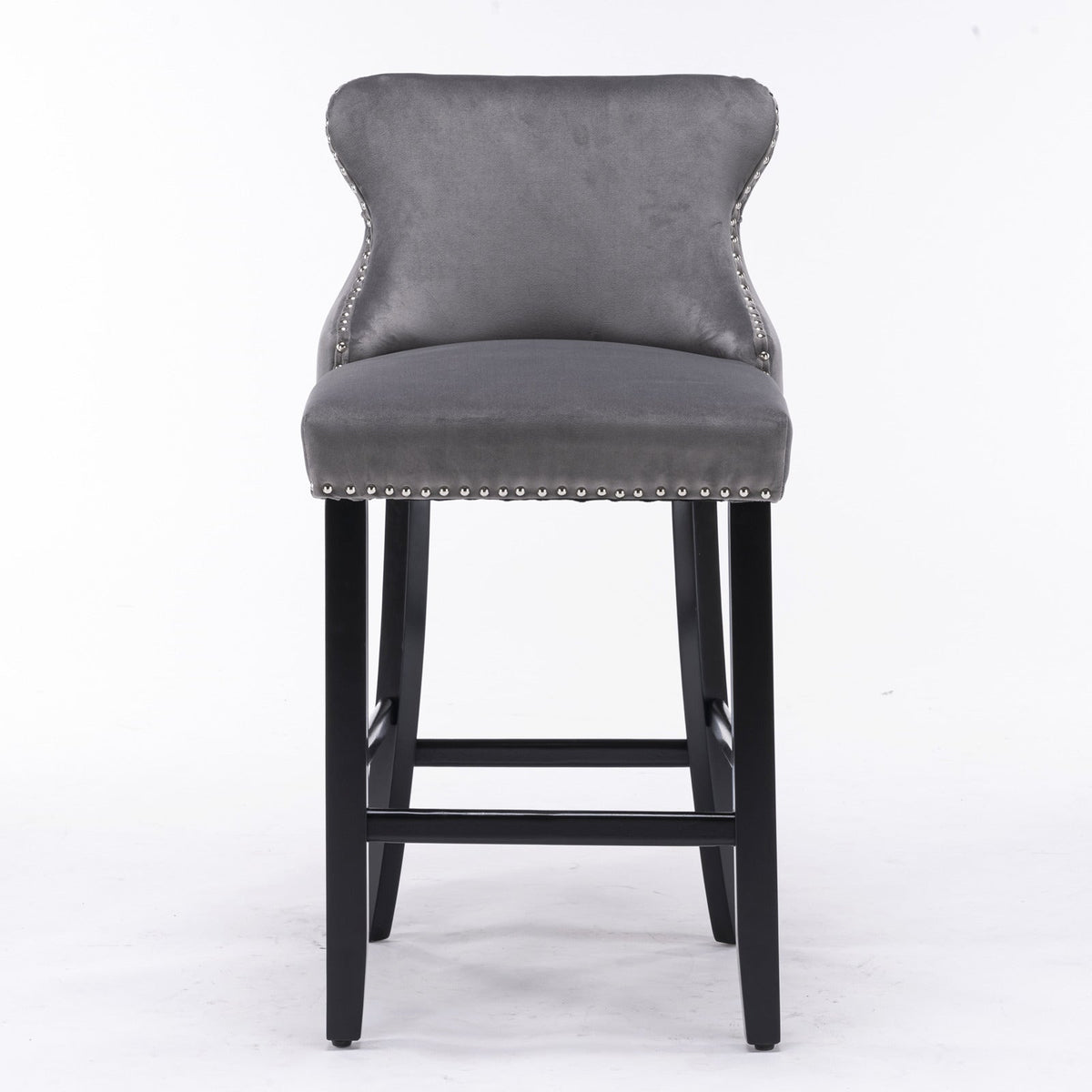 Velvet-padded Wingback Bar Stool with Button-tufted Decoration and Wooden Legs, Chrome Nail Head Decoration, 2-pcs Set