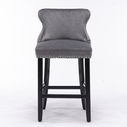 Velvet-padded Wingback Bar Stool with Button-tufted Decoration and Wooden Legs, Chrome Nail Head Decoration, 2-pcs Set