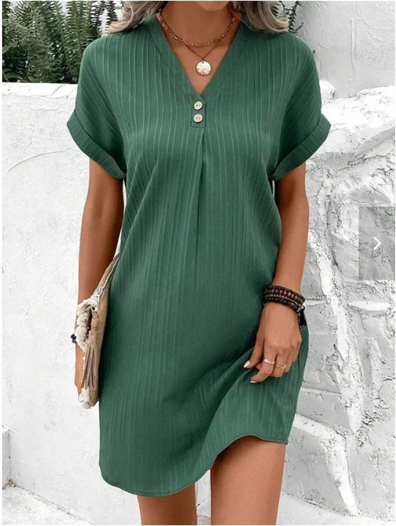 Fashion V-Neck Mini Summer Dress – Short Sleeves, Solid Color, Button Detail for Casual Elegance and Fresh Style