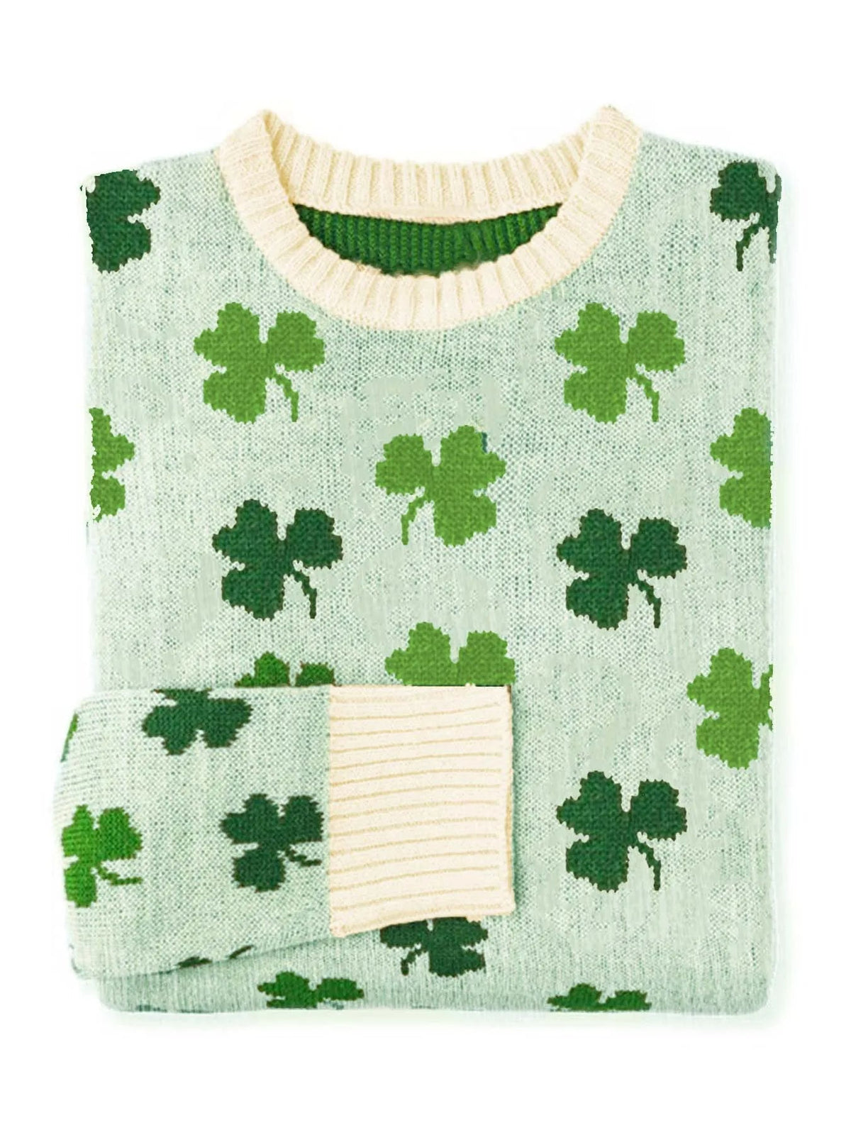 Women's Lucky Four-Leaf Clover Knit Sweater - Green & White Floral Pattern, Cozy Polyester Pullover for Casual Wear, Round Neck, Long Sleeve, 100% Polyester, Perfect for Spring & Fall, Ladies Sweaters