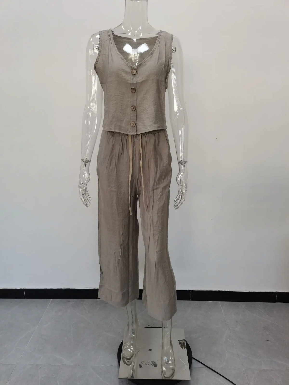 Cotton Linen Two-Piece Office Set – V-Neck Vest & Wide Leg Pants for Casual Elegance and Everyday Comfort