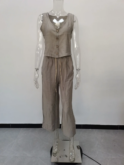 Cotton Linen Two-Piece Office Set – V-Neck Vest & Wide Leg Pants for Casual Elegance and Everyday Comfort