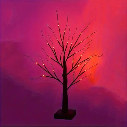 Vibrant Orange or Purple Halloween Birch Tree Lamp – Battery-Operated Table Light for Spooky Indoor Home Parties