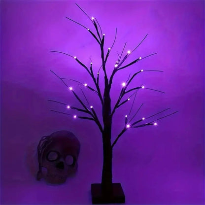 Vibrant Orange or Purple Halloween Birch Tree Lamp – Battery-Operated Table Light for Spooky Indoor Home Parties