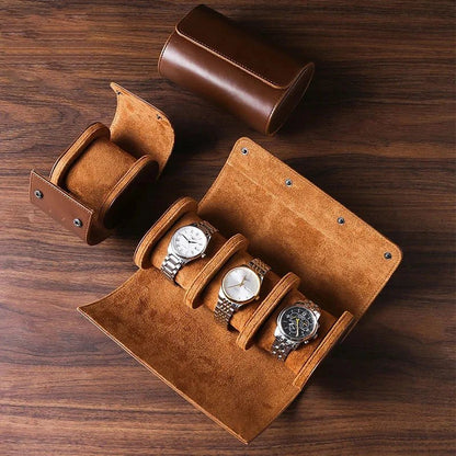 Vintage Watch Roll Travel Case – Secure 3-Watch Storage with Removable Cushions and Sleek Organizer Design