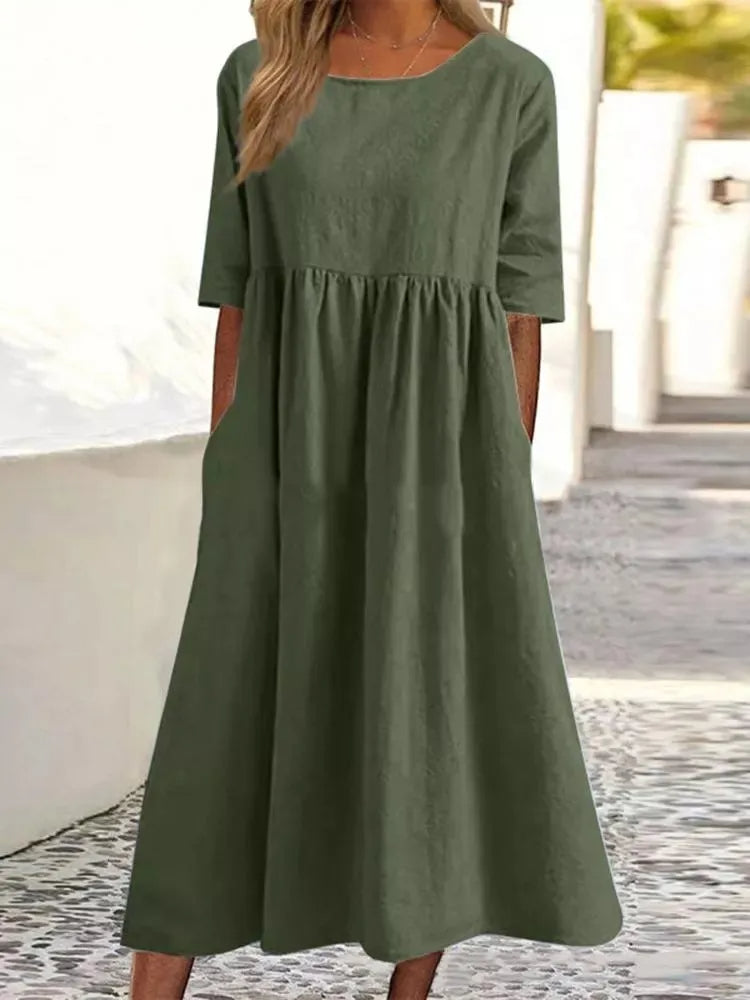 Women’s Cotton Blend Long Dress – Casual Solid Color Round Neck Loose Fit with Half Sleeves, Perfect for Spring and Summer Fashion Comfort