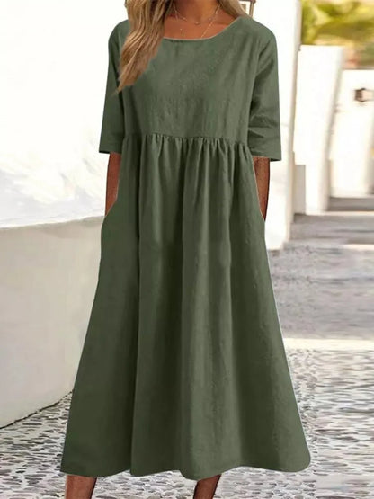 Women’s Cotton Blend Long Dress – Casual Solid Color Round Neck Loose Fit with Half Sleeves, Perfect for Spring and Summer Fashion Comfort