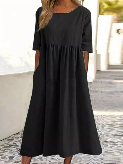 Women’s Cotton Blend Long Dress – Casual Solid Color Round Neck Loose Fit with Half Sleeves, Perfect for Spring and Summer Fashion Comfort