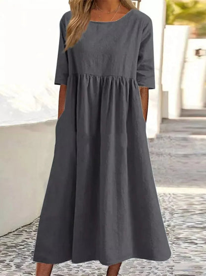 Women’s Cotton Blend Long Dress – Casual Solid Color Round Neck Loose Fit with Half Sleeves, Perfect for Spring and Summer Fashion Comfort