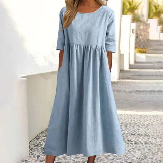 Women’s Cotton Blend Long Dress – Casual Solid Color Round Neck Loose Fit with Half Sleeves, Perfect for Spring and Summer Fashion Comfort