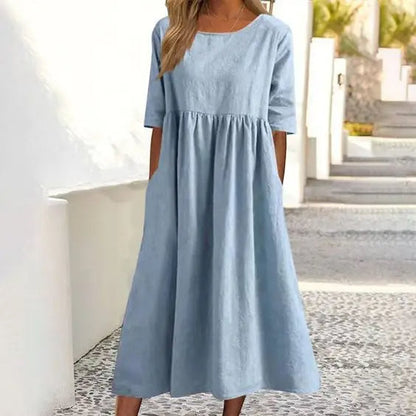 Women’s Cotton Blend Long Dress – Casual Solid Color Round Neck Loose Fit with Half Sleeves, Perfect for Spring and Summer Fashion Comfort