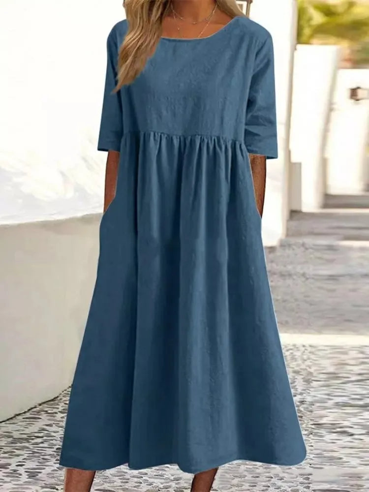 Women’s Cotton Blend Long Dress – Casual Solid Color Round Neck Loose Fit with Half Sleeves, Perfect for Spring and Summer Fashion Comfort