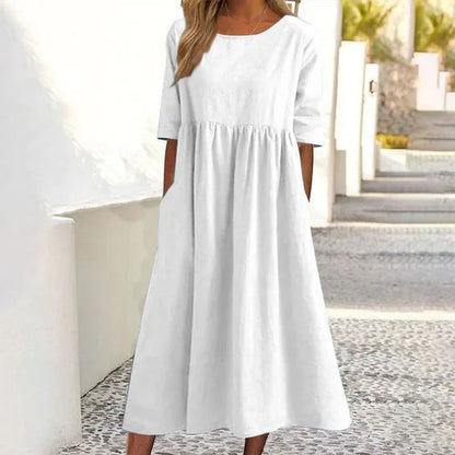 Women’s Cotton Blend Long Dress – Casual Solid Color Round Neck Loose Fit with Half Sleeves, Perfect for Spring and Summer Fashion Comfort