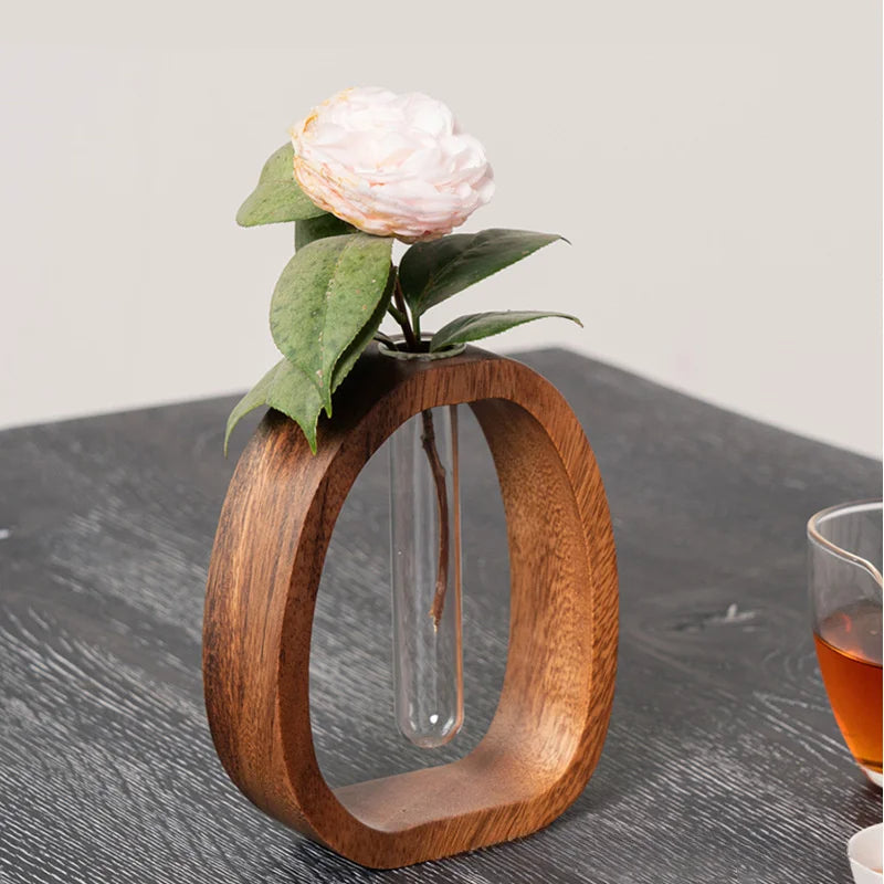 Mini Wood & Glass Flower Vase – Elegant Tabletop Flower Arrangement Pot for Water-Grown Plants and Decorative Styling