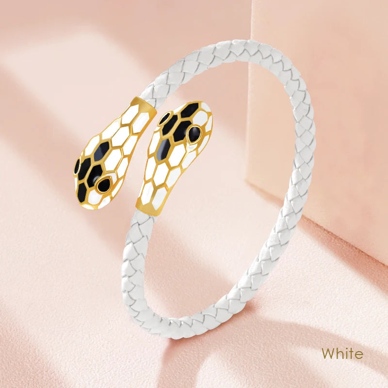 Double Snake Head Leather Bracelet – Classic Moonlight Braided Jewelry for Women’s Fashion with Genuine Leather & Gift Appeal