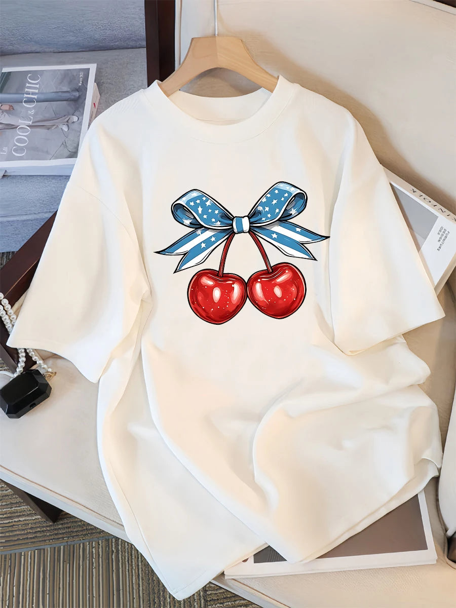 Women’s Cotton Cherry Print T-Shirt – Summer Loose Hip Hop Tee with Flag Bow Detail, Breathable Comfort, and Stylish Streetwear Vibe