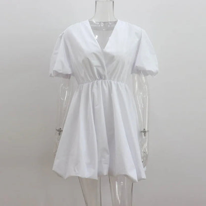 European and American Lantern Sleeve Mini Flare Dress – Sexy Pleated V-Neck A-Line for Romantic Evenings & All-Day Style