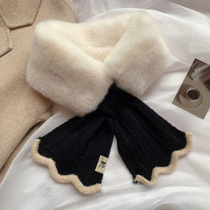 Korean Plush Collar Winter Scarf – Cozy Short Cross Wrap for Women & Girls
