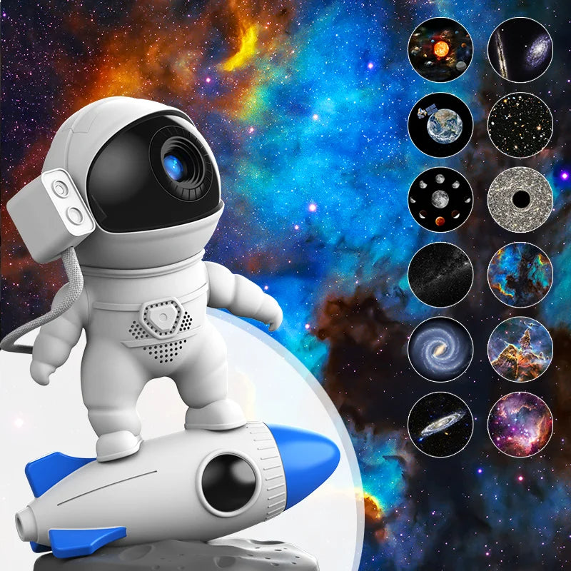 Rocket Astronaut Galaxy Projector Night Light – 360° Rotating Starry Night Lamp with 13 Films