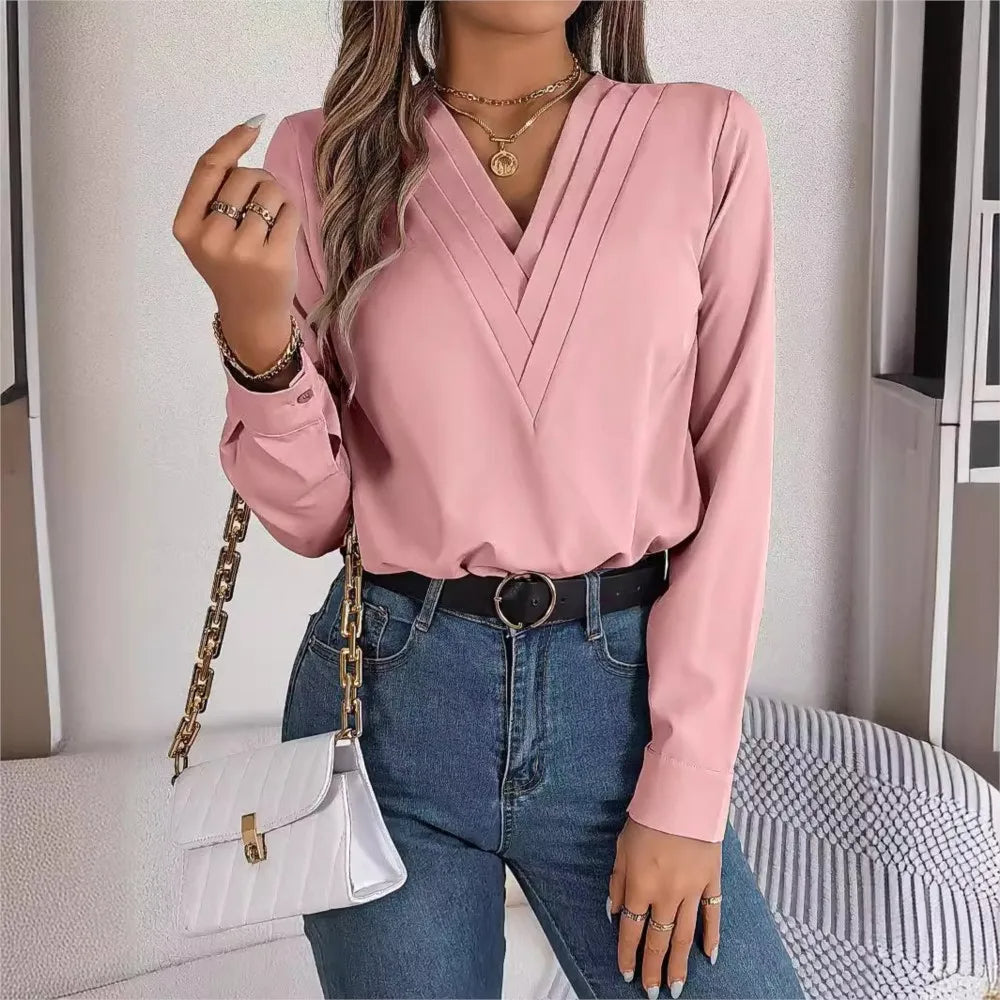 Layered V-Neck Long Sleeve Blouse – Slim Fit White Pullover for Office Chic, Autumn/Winter Fashion