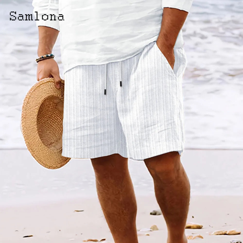 Soft Cotton Linen Men’s Striped Shorts – Elegant and Breathable Black & White Casual Beachwear for Summer Street Style Looks