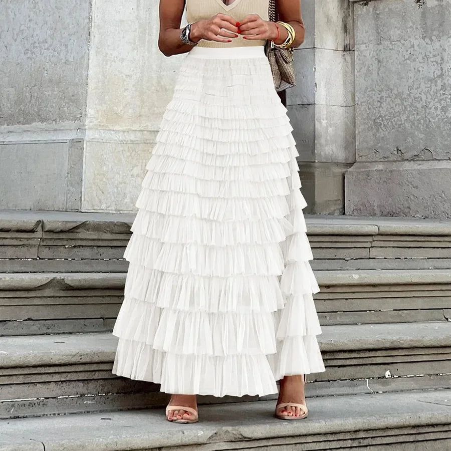 Elegant Women’s Tiered Tulle Maxi Skirt – High Waist Pleated Mesh Ball Gown Perfect for Dating, Parties, and Daily Chic