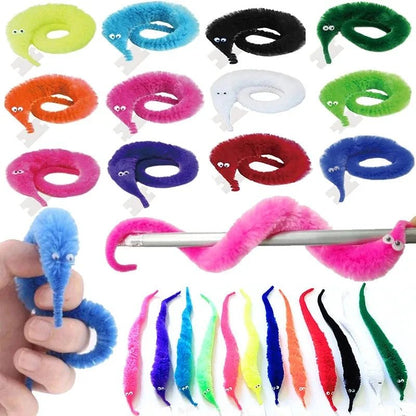 Wiggly Magic Worm Trick Toys – 6pcs Fun & Twisty Plush Toys with Invisible String for Kids Party Games and Beginner Magicians