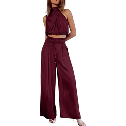 Silky Pleated Two-Piece Set – Sleeveless Top & Wide-Leg Pants for Effortless Elegance