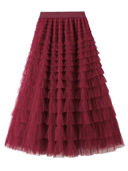 Layered High Waist Ruffles Pink Tulle Skirt – Vintage-Inspired Maxi Skirt for Romantic, Feminine Outfits Anytime