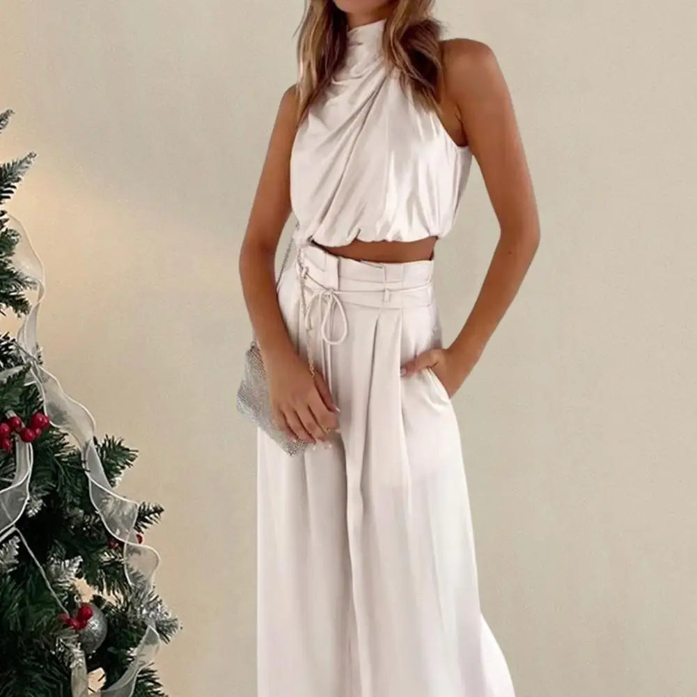 Silky Pleated Two-Piece Set – Sleeveless Top & Wide-Leg Pants for Effortless Elegance