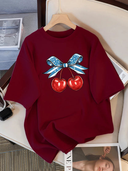 Women’s Cotton Cherry Print T-Shirt – Summer Loose Hip Hop Tee with Flag Bow Detail, Breathable Comfort, and Stylish Streetwear Vibe
