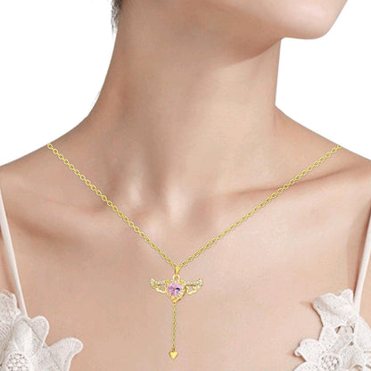Wing Pendant Necklace with Pink Heart-Shaped Zircon – Elegant Clavicle Chain for Perfect Date Night Style