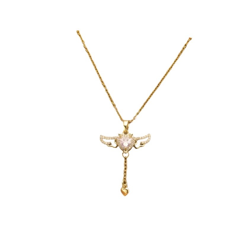 Wing Pendant Necklace with Pink Heart-Shaped Zircon – Elegant Clavicle Chain for Perfect Date Night Style