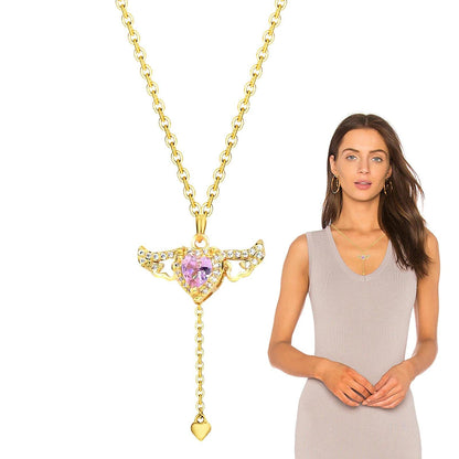 Wing Pendant Necklace with Pink Heart-Shaped Zircon – Elegant Clavicle Chain for Perfect Date Night Style