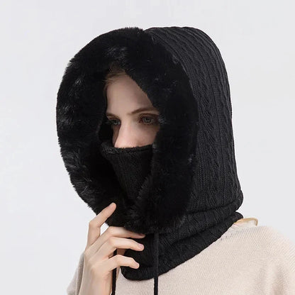 Winter Knitted Fur Cap Mask Set – 3-in-1  Women’s Fleece-Lined Ski Hat, Scarf, and Balaclava for Ultimate Warmth in Outdoor Adventures