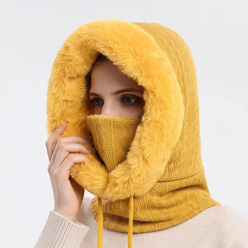 Winter Knitted Fur Cap Mask Set – 3-in-1  Women’s Fleece-Lined Ski Hat, Scarf, and Balaclava for Ultimate Warmth in Outdoor Adventures