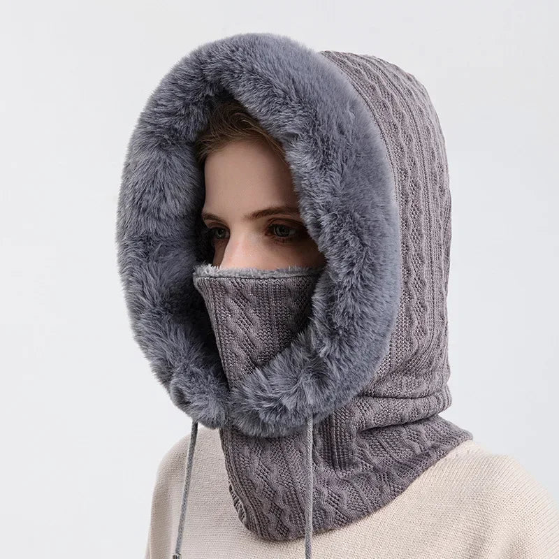 Winter Knitted Fur Cap Mask Set – 3-in-1  Women’s Fleece-Lined Ski Hat, Scarf, and Balaclava for Ultimate Warmth in Outdoor Adventures
