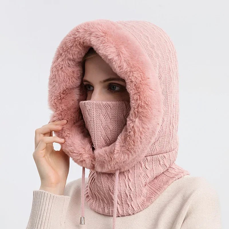 Winter Knitted Fur Cap Mask Set – 3-in-1  Women’s Fleece-Lined Ski Hat, Scarf, and Balaclava for Ultimate Warmth in Outdoor Adventures