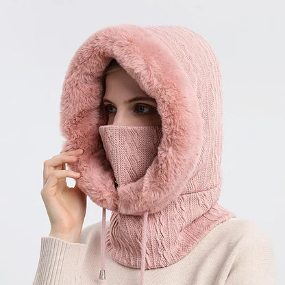 Winter Knitted Fur Cap Mask Set – 3-in-1  Women’s Fleece-Lined Ski Hat, Scarf, and Balaclava for Ultimate Warmth in Outdoor Adventures