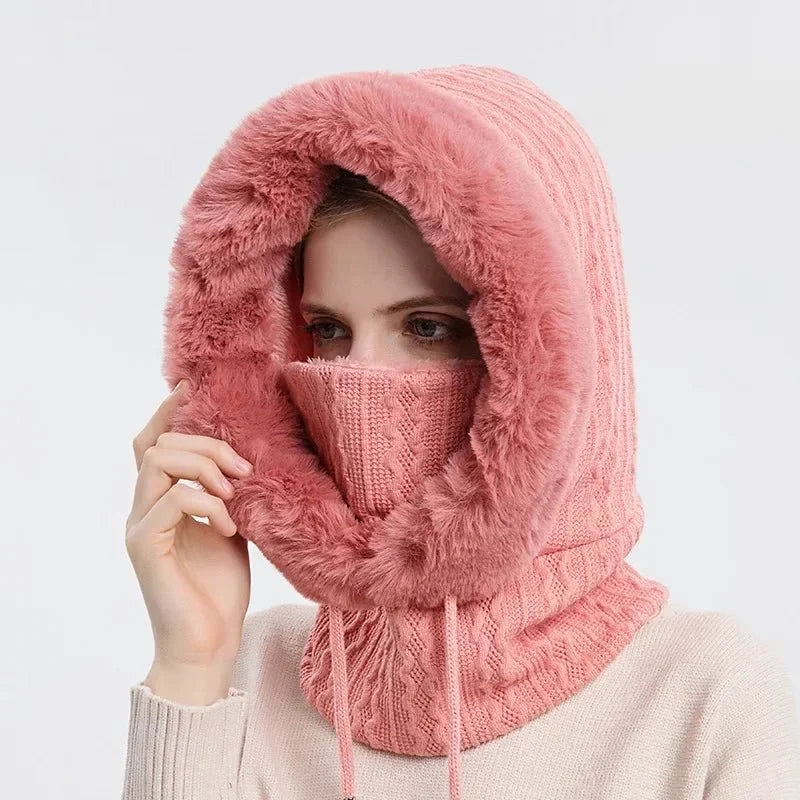 Winter Knitted Fur Cap Mask Set – 3-in-1  Women’s Fleece-Lined Ski Hat, Scarf, and Balaclava for Ultimate Warmth in Outdoor Adventures