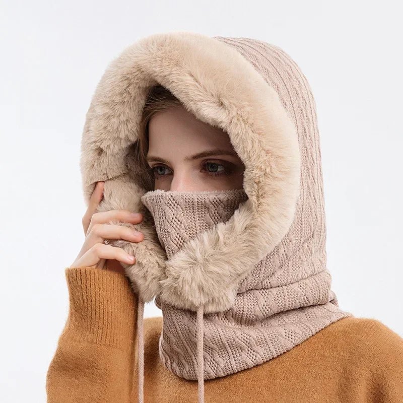 Winter Knitted Fur Cap Mask Set – 3-in-1  Women’s Fleece-Lined Ski Hat, Scarf, and Balaclava for Ultimate Warmth in Outdoor Adventures